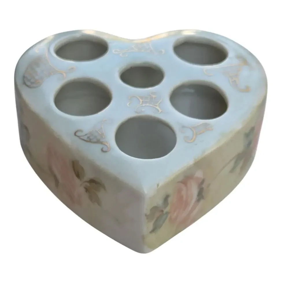 Vintage 1965 Ceramic Heart Lipstick Holder Hand Painted Roses Gold Vanity